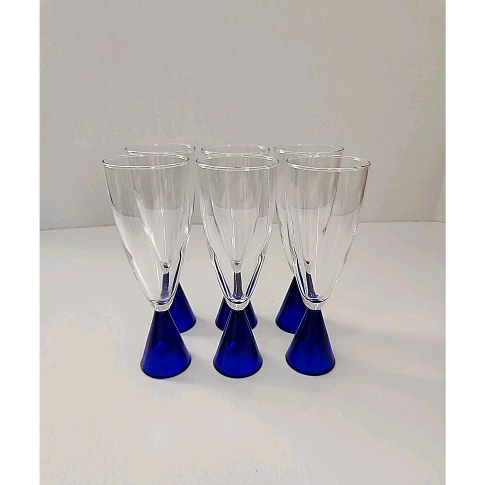 Set of 6 Sasaki Cobalt Blue Eon Crystal Champagne Flutes 2.5" Diameter 7.5" Tall